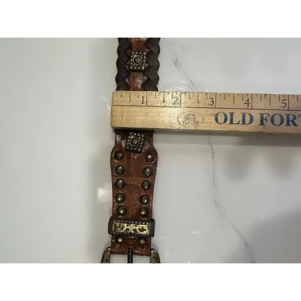 Women's Medium Leather & Brass Belt 30” Total Length Braided Fabric Western Boho